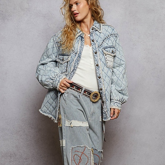 New POL “ Rochester “ POL Quilted Jacket Shirt Shacket Stud Detail Blue Denim - Picture 10 of 10